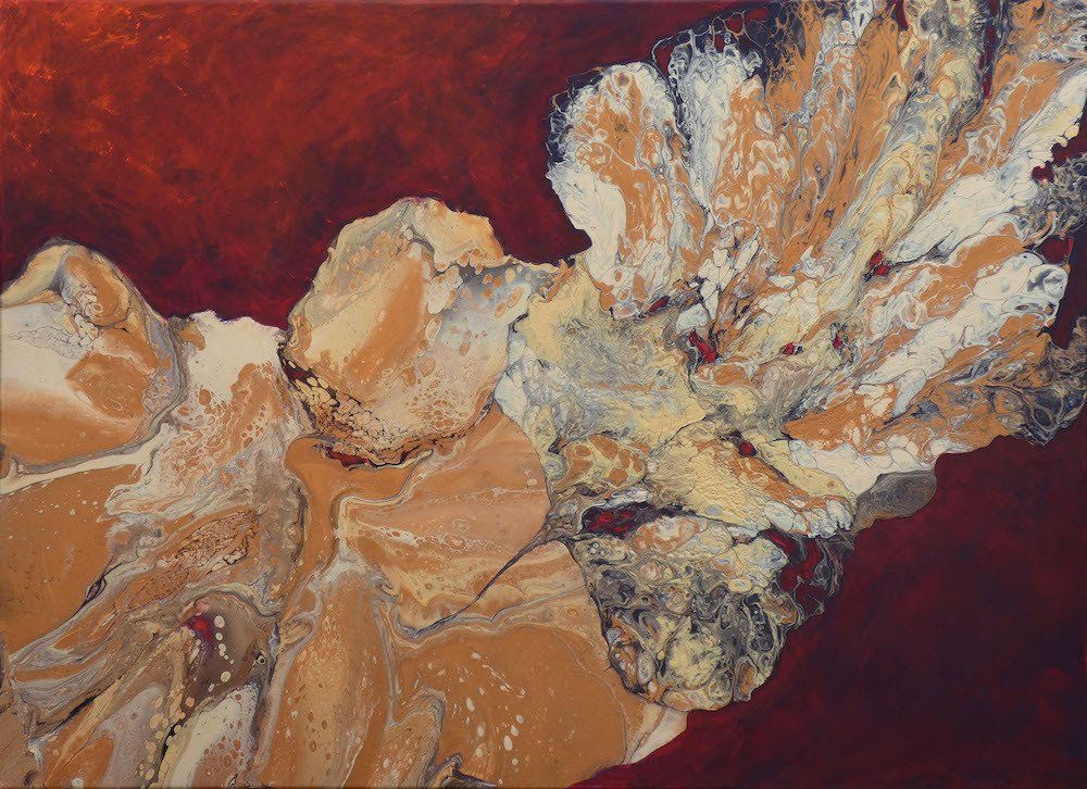 Abstract red and gold artwork by Kasia Kaldowski — textured surface in contemporary style.