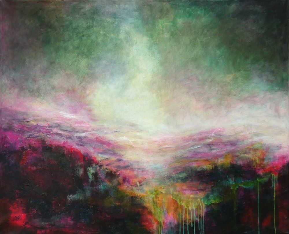Abstract expressionistic landscape painting “Emerald Skies 2” by Kasia Kaldowski — acrylic on canvas, 101 × 127 cm