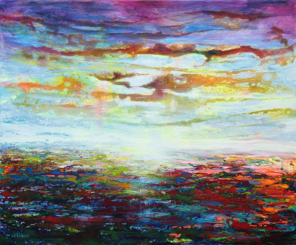 Expressionistic wide fields landscape painting “Infinity” by Kasia Kaldowski — acrylic on canvas, 100 × 120 cm