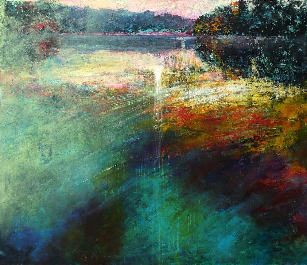 Lake landscape painting “Swoosh” by Kasia Kaldowski — acrylic on canvas, 107.5 × 126 cm