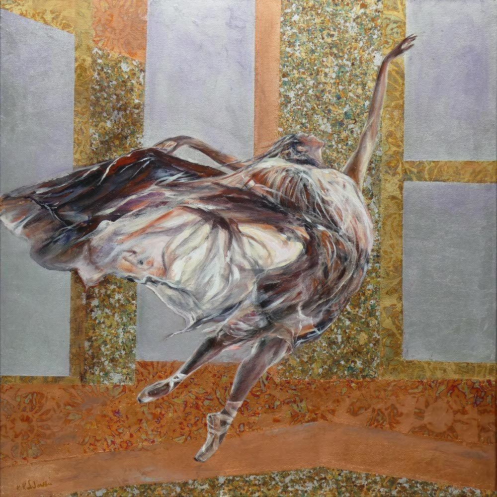 Papillon by Kasia Kaldowski — ballerina dancing against golden background, figurative painting with movement and light.