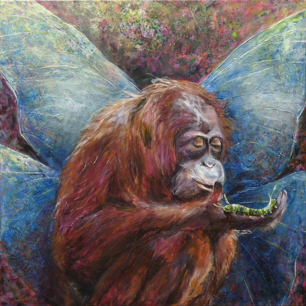 Papillon by Kasia Kaldowski — orangutan with butterfly wings holding a caterpillar, conceptual acrylic painting.