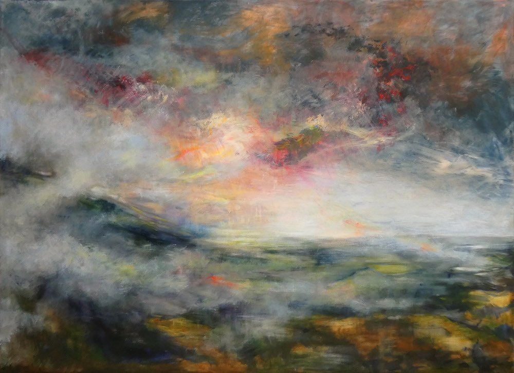 Wide landscape painting “Flight Over the West Country” by Kasia Kaldowski — acrylic on canvas, 125 × 170 cm