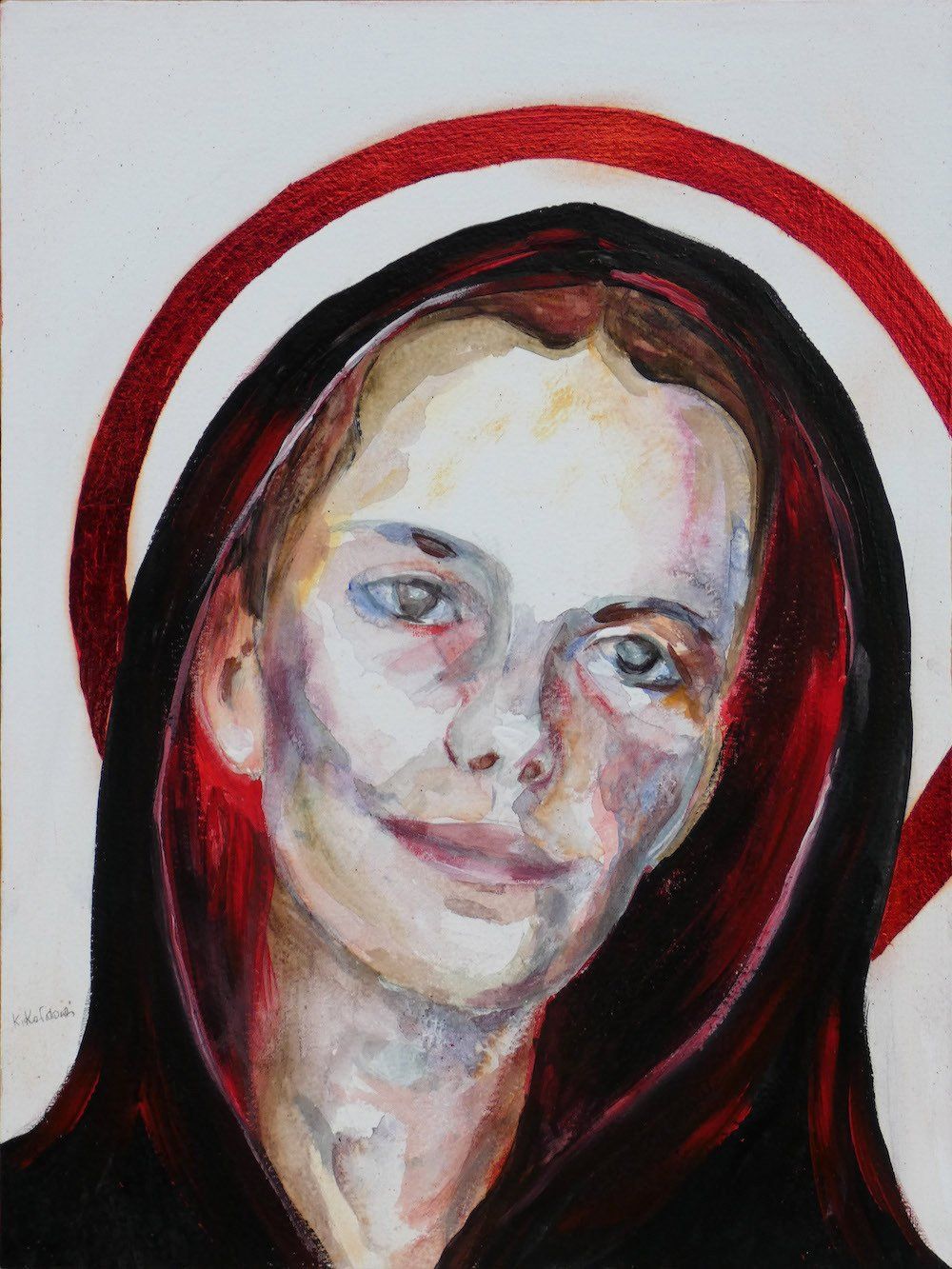 I Was Born a Sinner — female portrait with halo, painting by Kasia Kaldowski from the All Saints Ball project.