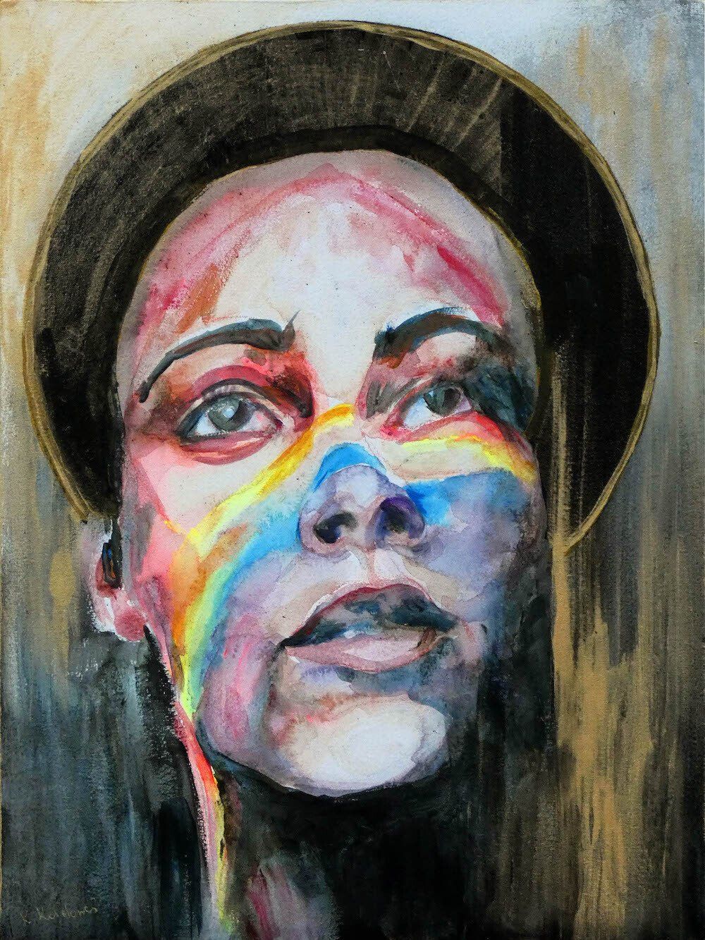 Iris — female portrait with halo and rainbow, painting by Kasia Kaldowski from the All Saints Ball project.