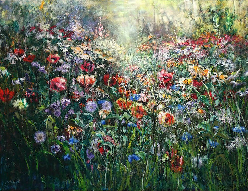 Landscape and flowers painting “Meadow” by Kasia Kaldowski — acrylic on canvas, 100 x 130 cm