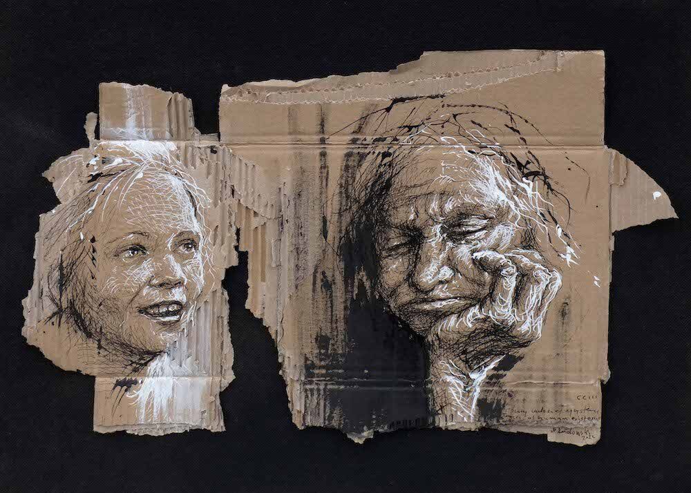 Pen and ink drawing of two females, old and young, by Mariusz Kaldowski