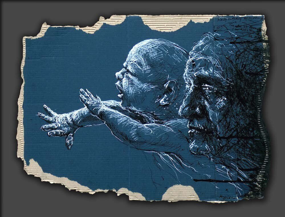 Drawing of a man and a baby by Mariusz Kaldowski