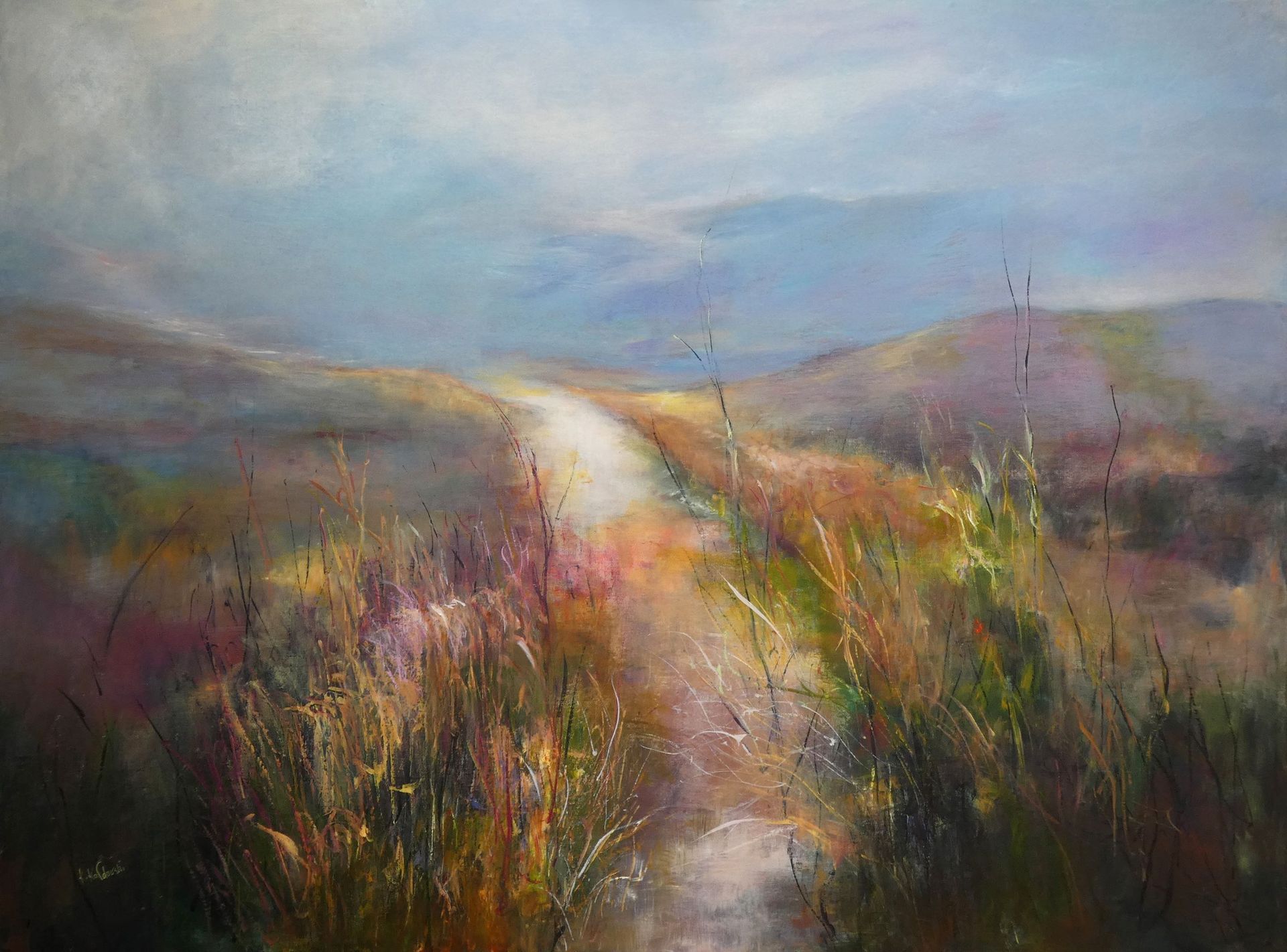 Walk On By painting of a field path to mountains 
acrylic on canvas 123 x 166cm
