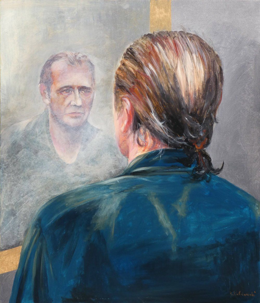 Stranger in the Mirror — male looking into a mirror by Kasia Kaldowski from the All Saints Ball project, acrylic on canvas.
