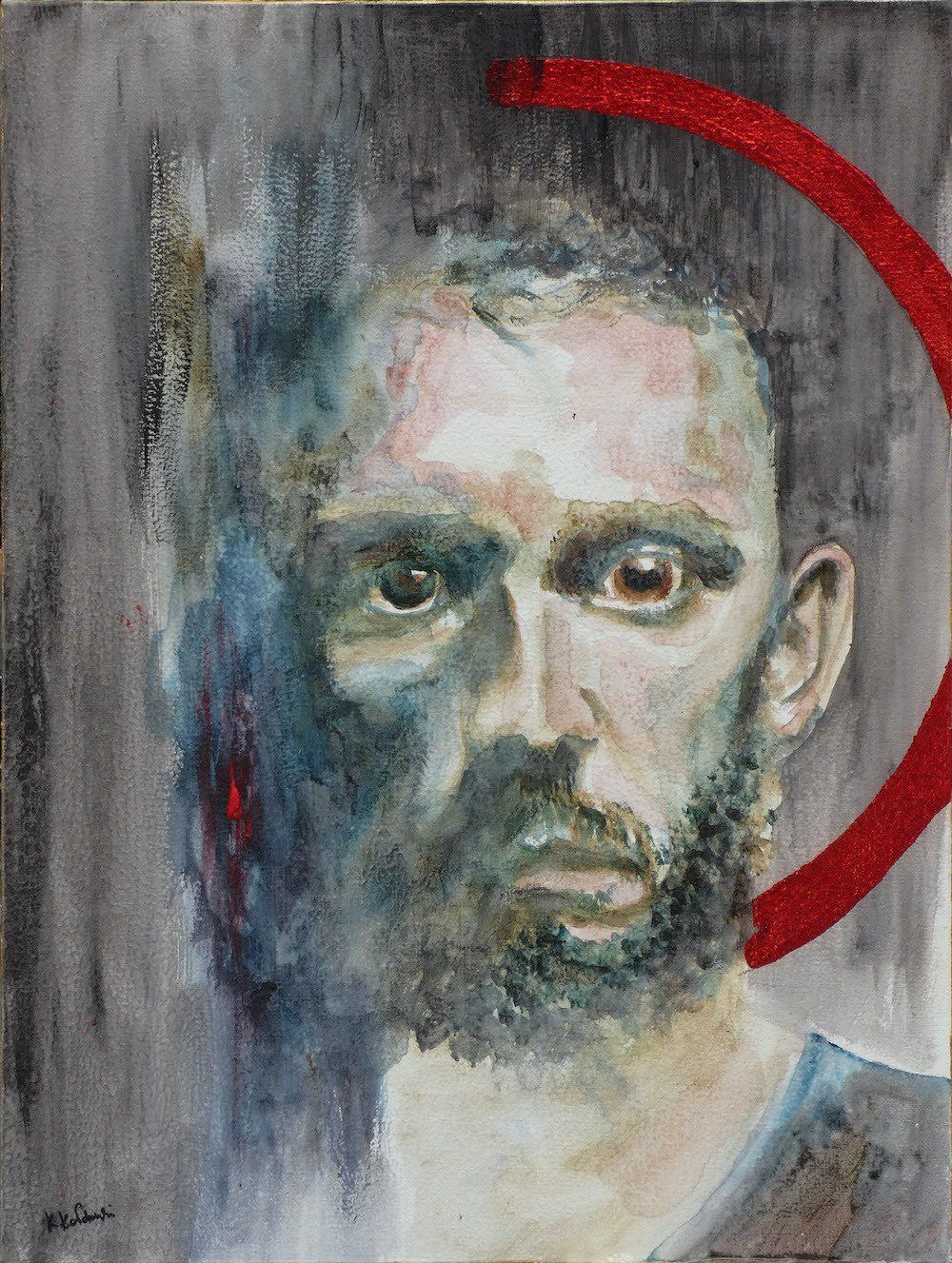Judas Curse — male portrait with half red halo, painting by Kasia Kaldowski from the All Saints Ball project.