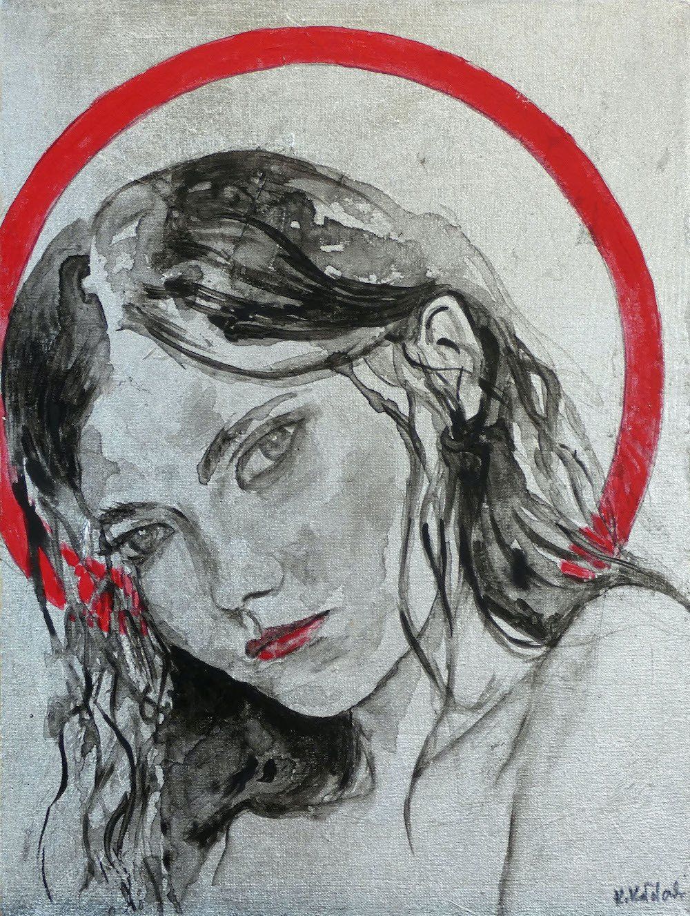 Eve 2022 — female portrait with red halo, painting by Kasia Kaldowski from the All Saints Ball project, acrylic on canvas.