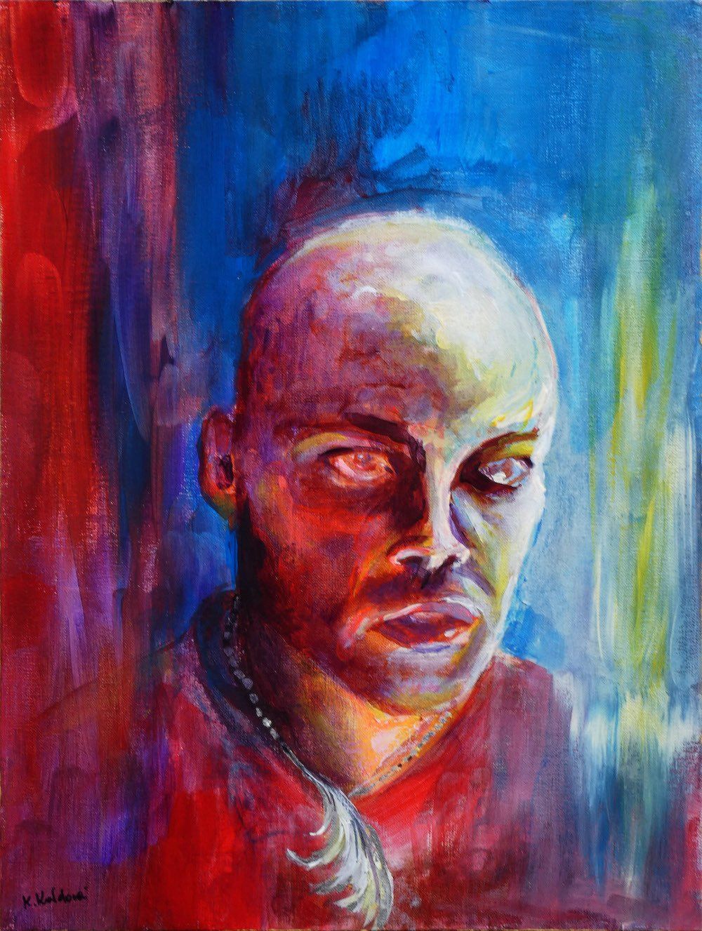 Fallen Angel — expressive male portrait with feather jewellery, painting by Kasia Kaldowski from the All Saints Ball project.