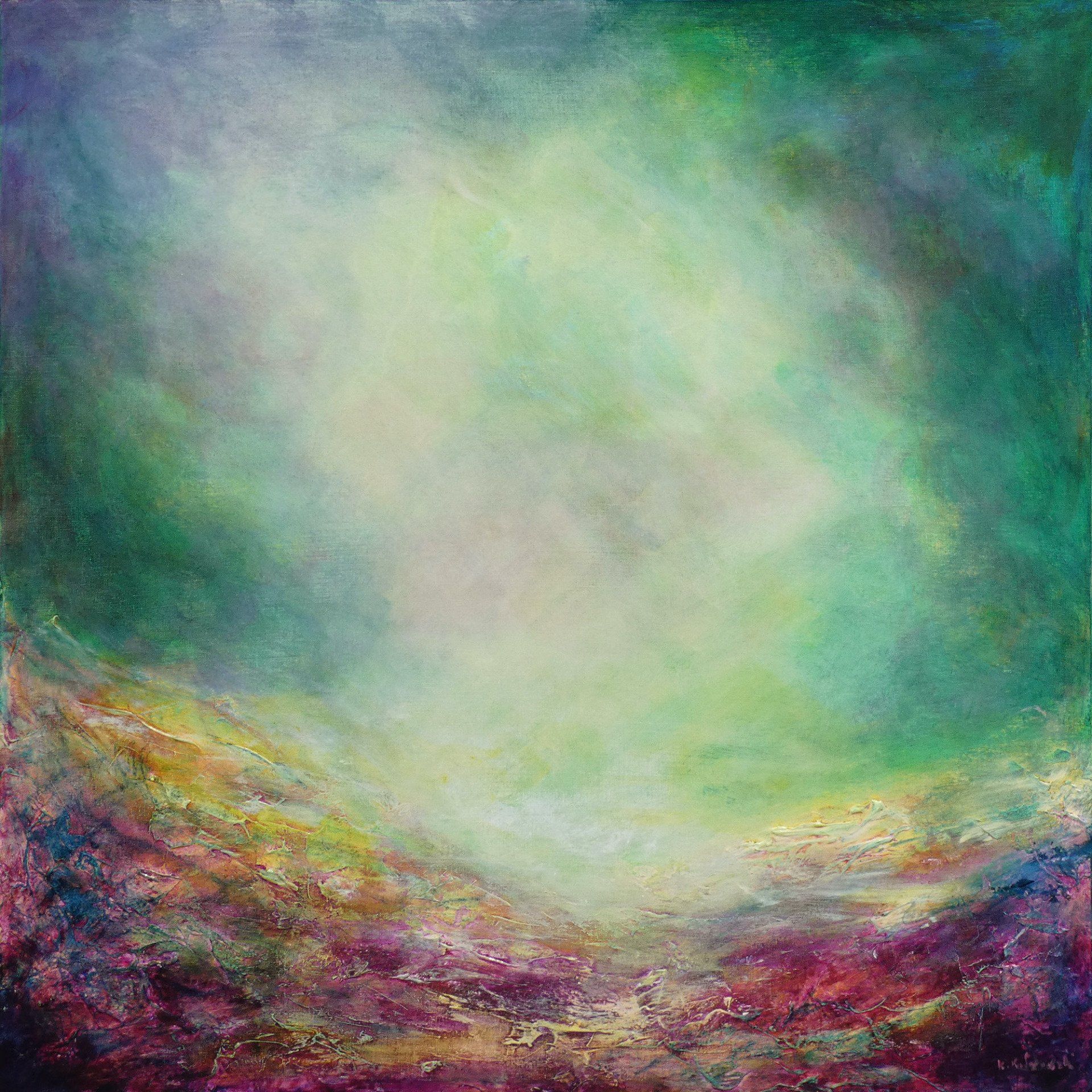 Emerald Skies and wide fields abstract painting 
acrylic on canvas 80 x 80cm