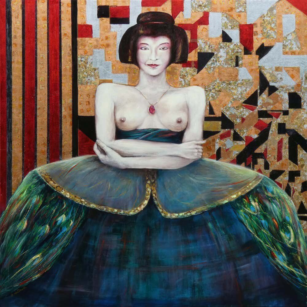 Figurative female composition with decorative, abstract background in bold colors.