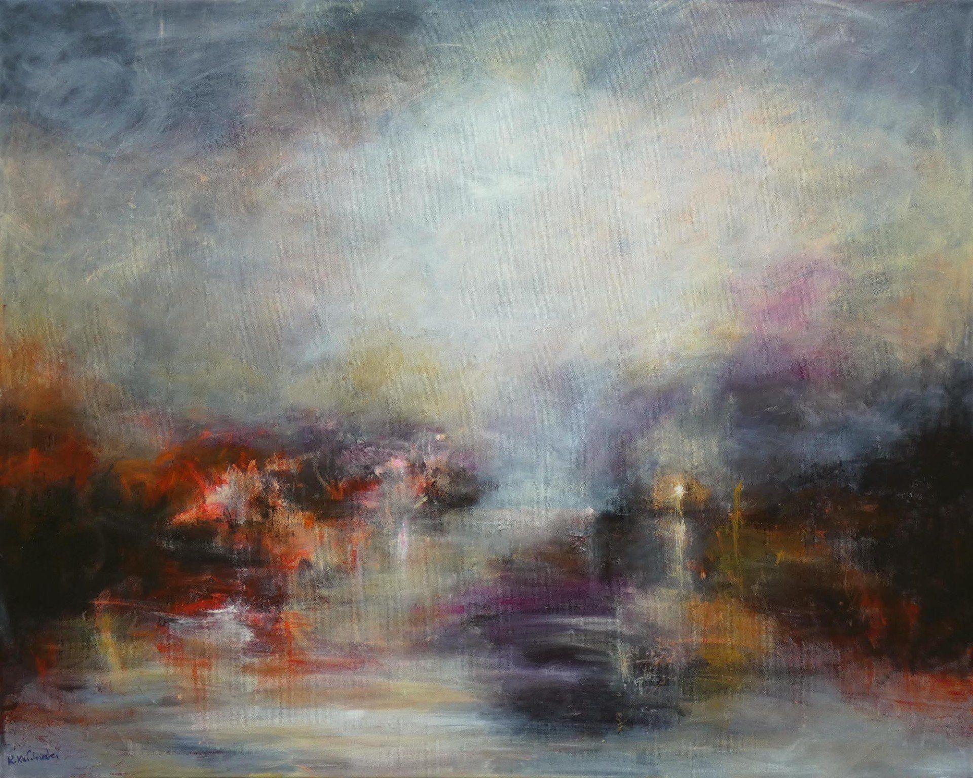 Shoreland painting of
dreamy abstract seascape at dusk
acrylic on canvas 80 x 100cm