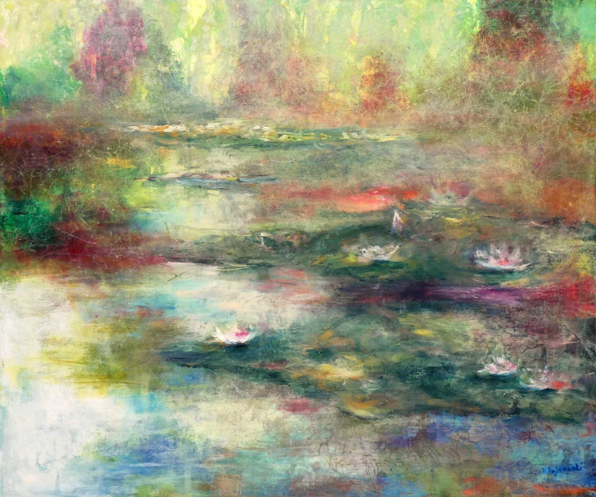 Mist in Giverny painting of
waterlilies pond in a mist
acrylic on canvas 100 x 120cm
