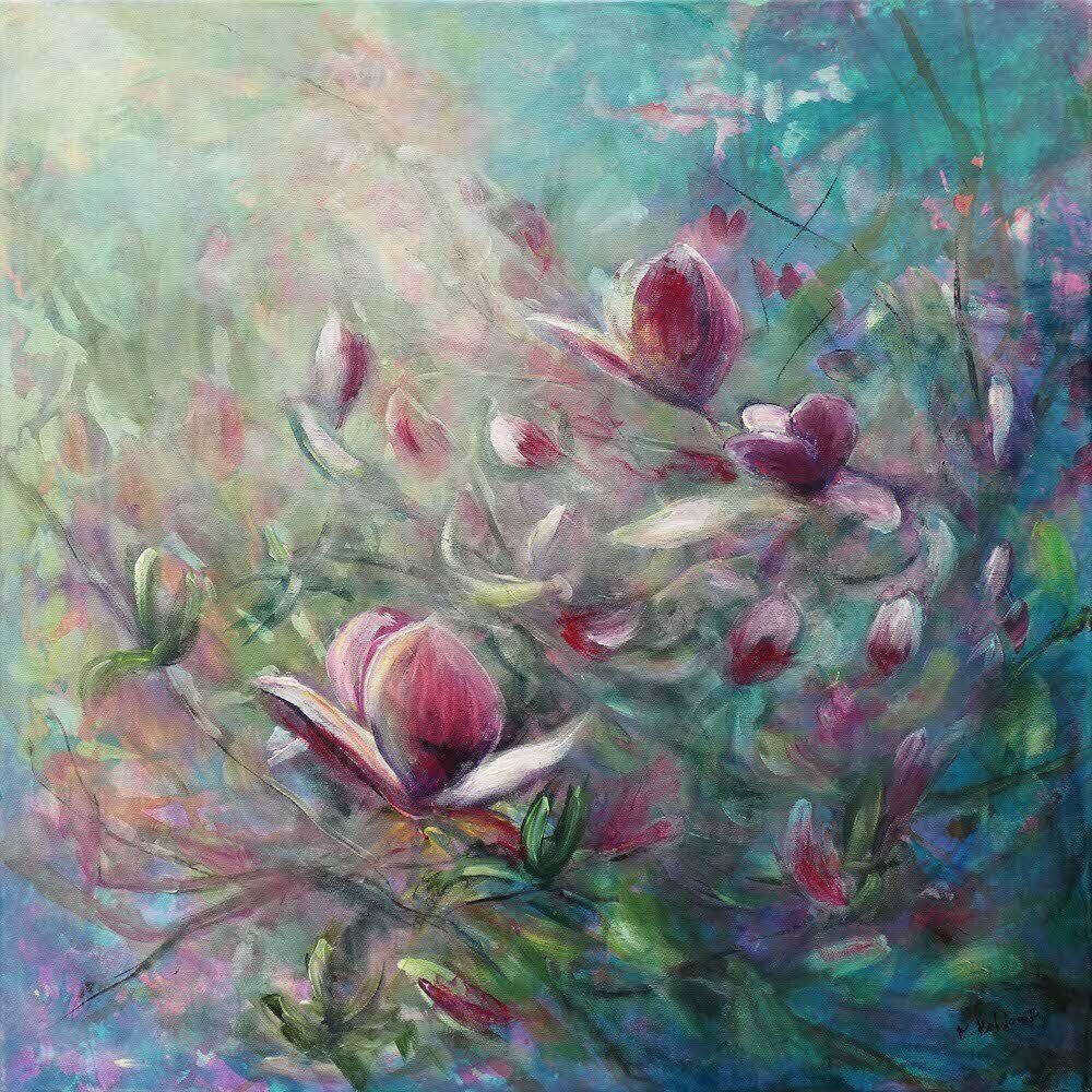 Magnolia painting of a magnolia branch in bloom 
acrylic on canvas 60 x 60cm