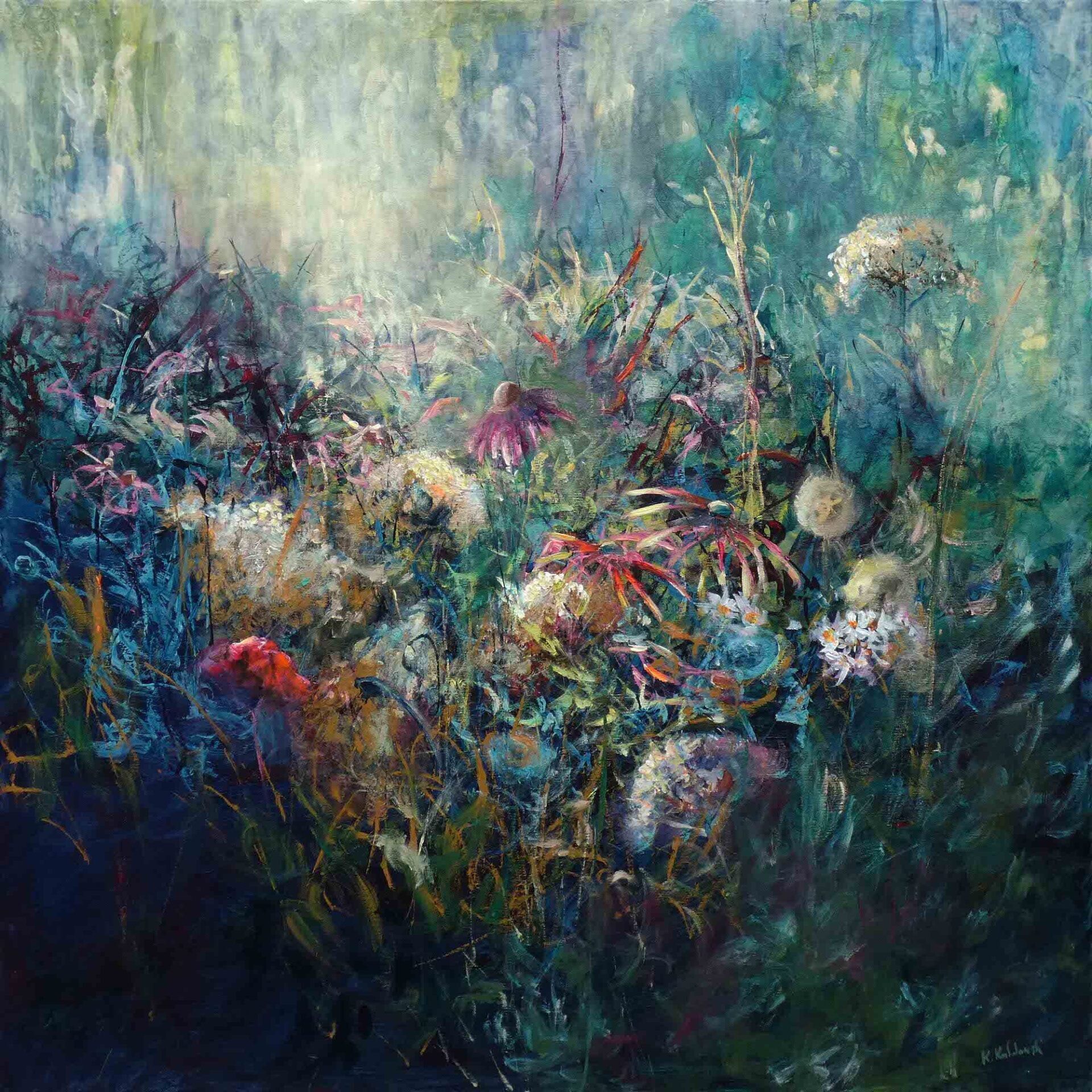 My Old Dutch painting of wild flowers, echinacea, Queen Ann's lace 
acrylic on canvas 100 x 100cm