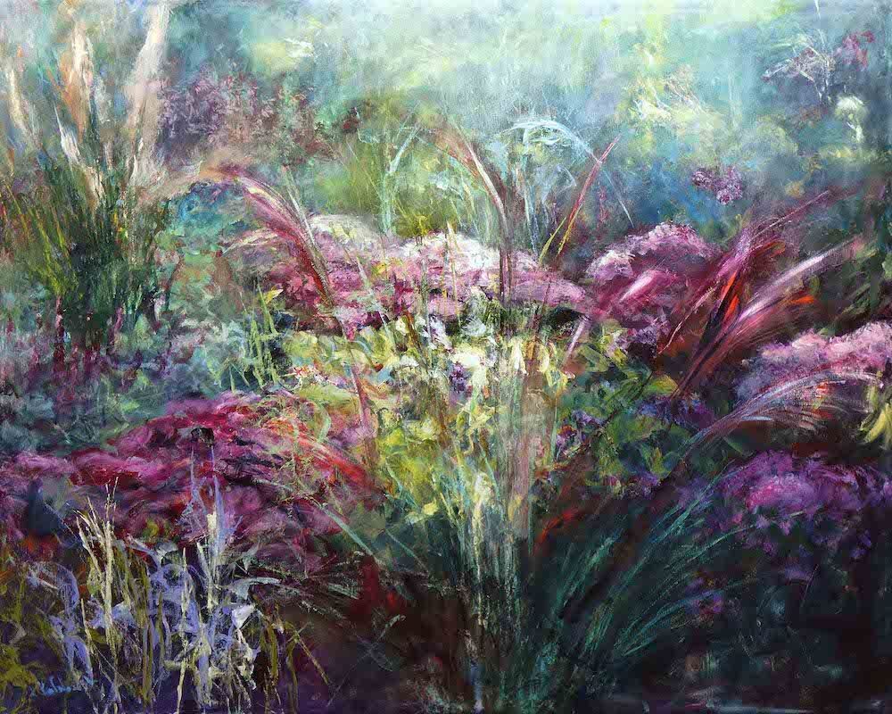 Joie de Vivre pink flowers painting 
acrylic on canvas 80 x 100cm