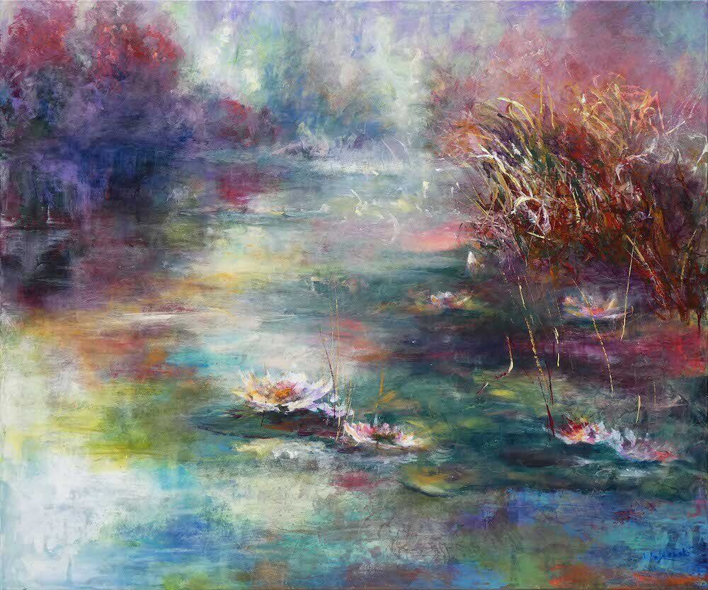 On Lily Pond painting of waterlilies 
acrylic on canvas 100 x 120cm