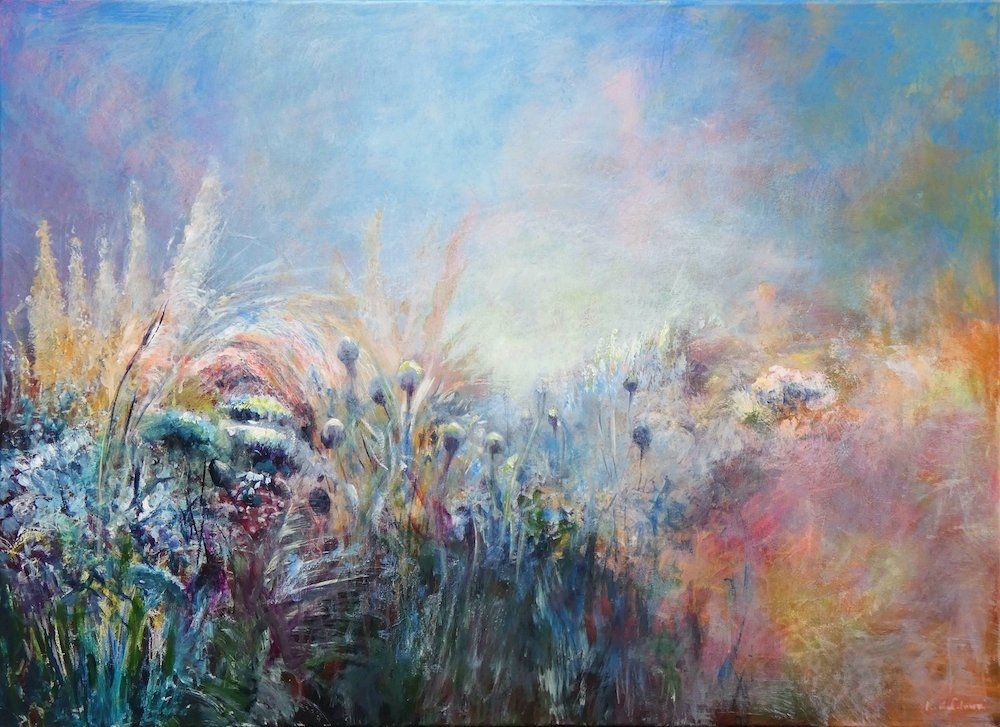 Winter Garden painting of flowers covered in frost 
acrylic on canvas 80 x 110cm DE