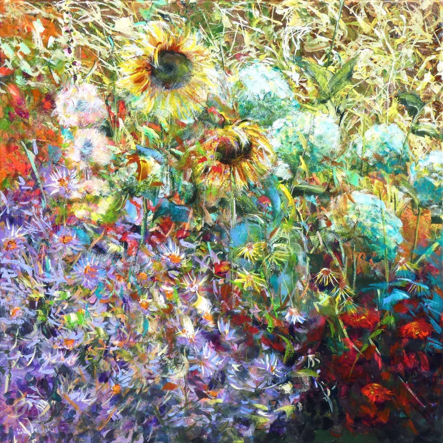 Polish Garden painting of sunflowers, hydrangea, malva and aster 
acrylic & metal leaf on canvas painting by Kasia Kaldowski