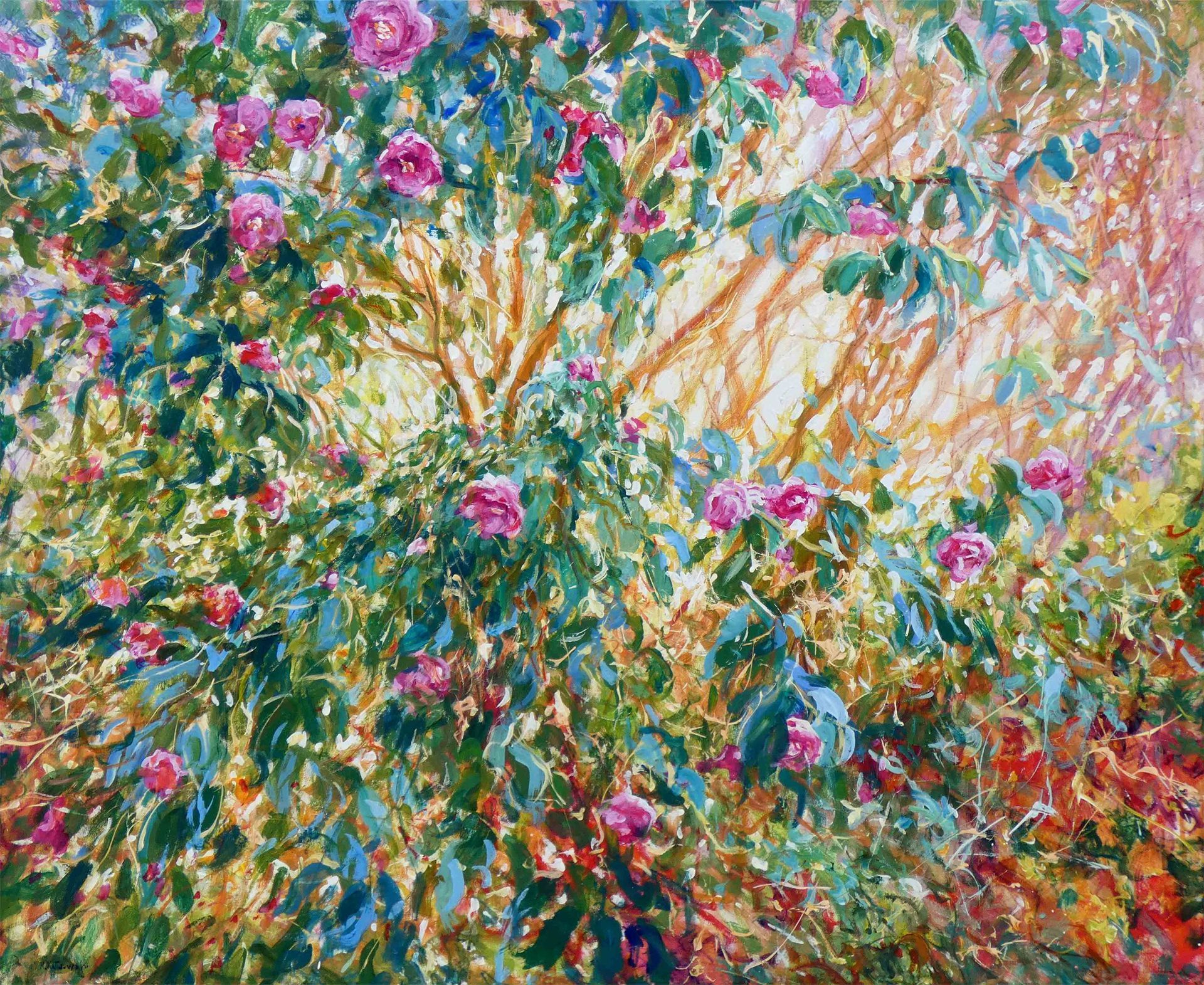 Dancing Camelia – painting by Mariusz Kaldowski, acrylic floral artwork of camelia flowers on branches