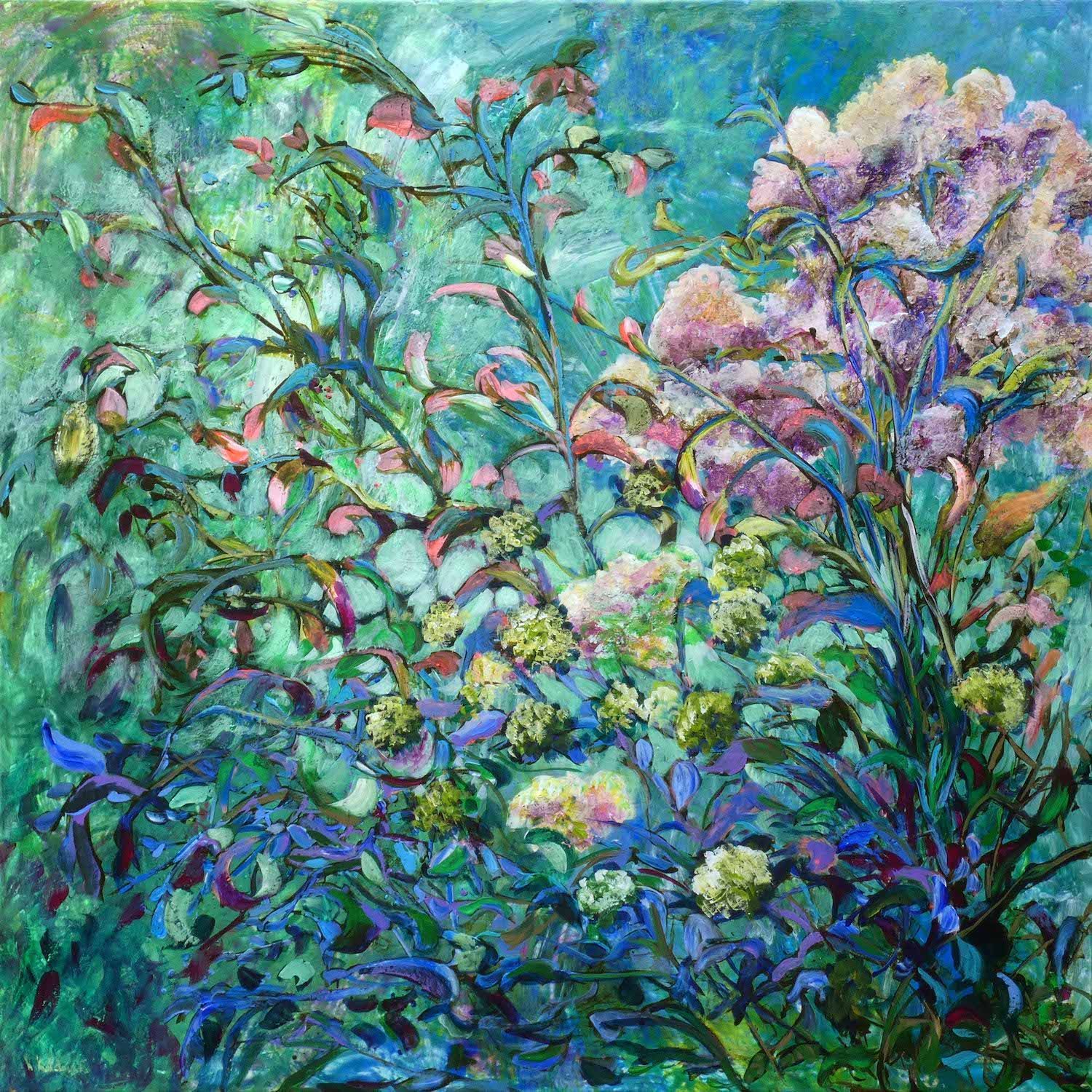 Asia Garden painting of oriental irises 
acrylic on canvas 100x100xm