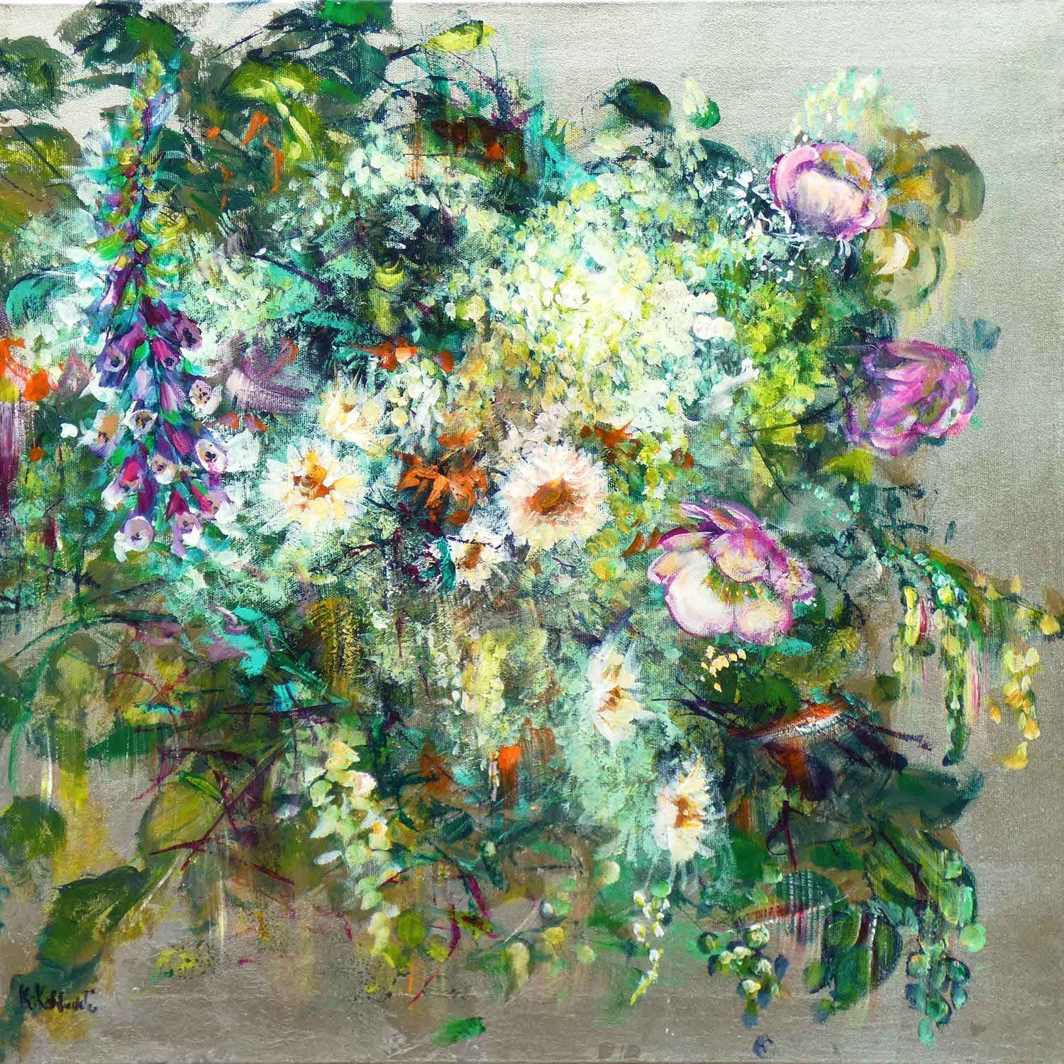 Silver Bouquet 1
spray bouquet of delicate flowers
acrylic and aluminium leaf on canvas 60 x 60cm