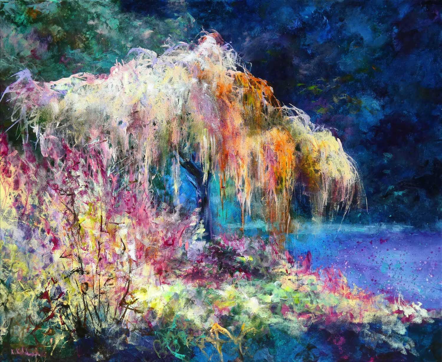 Happy Willow painting of a weeping willow in technicolour
acrylic on canvas 90 x 110cm