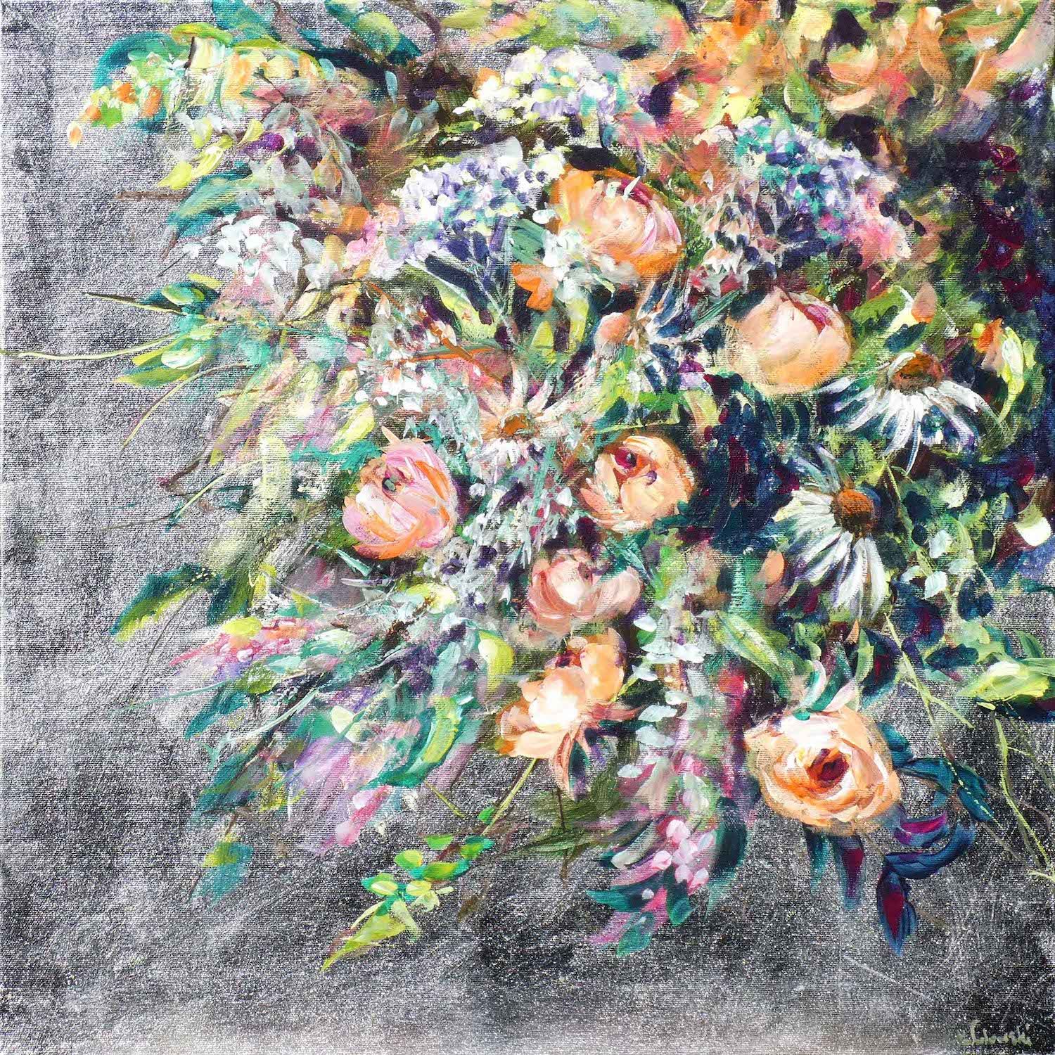 Silver Bouquet 3
bouquet of tea roses
acrylic and aluminium leaf on canvas 60 x 60cm