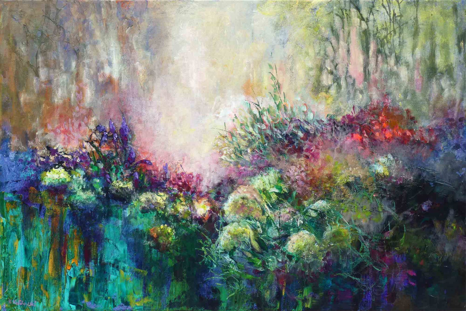 Garden At The Edge Of The Forest painting of abstract hydrangea against a forest background 
acrylic on canvas 80 x 120cm