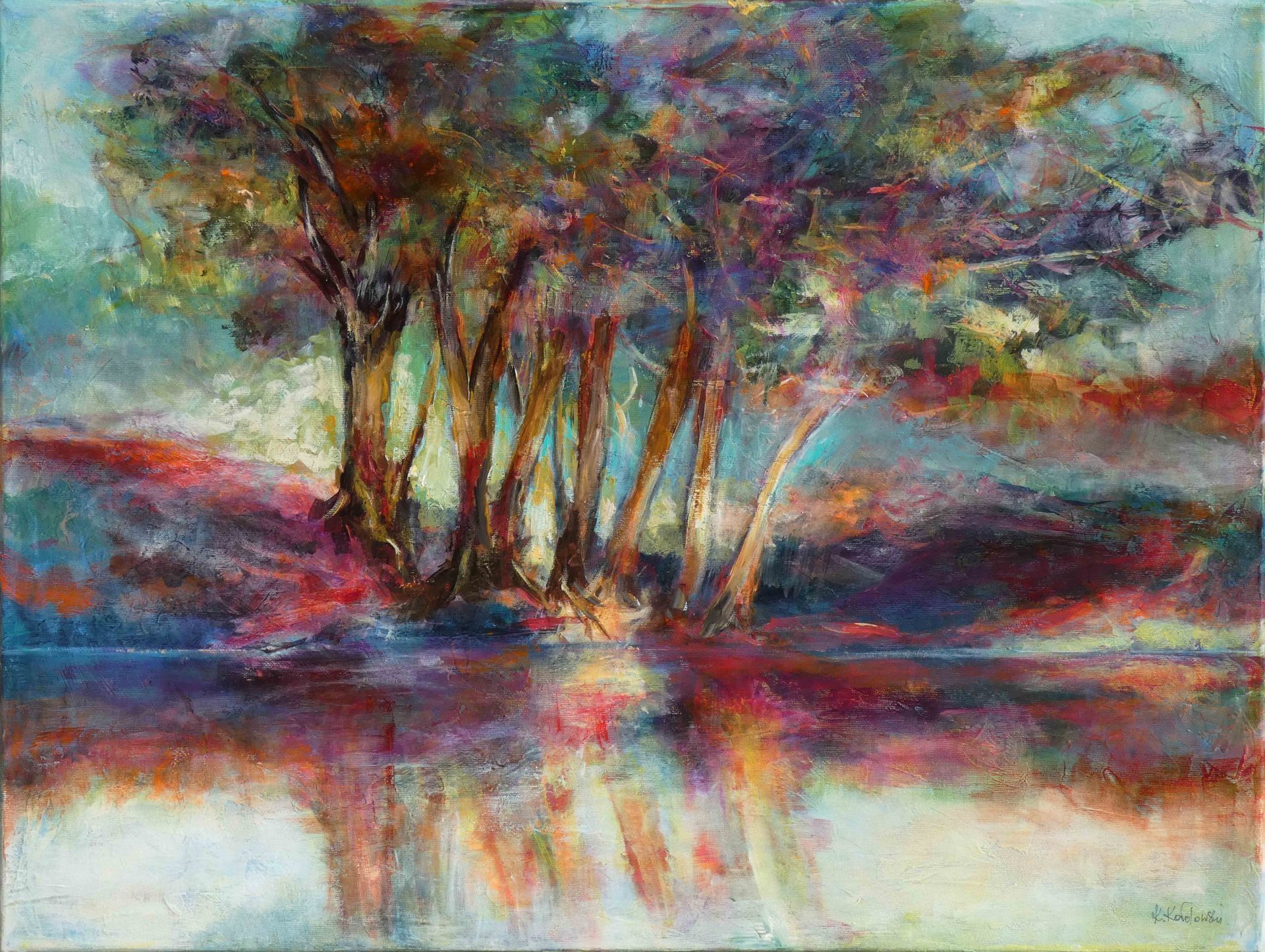 Dancing Trees painting of trees by a water bank 
acrylic on canvas 60 x 80cm