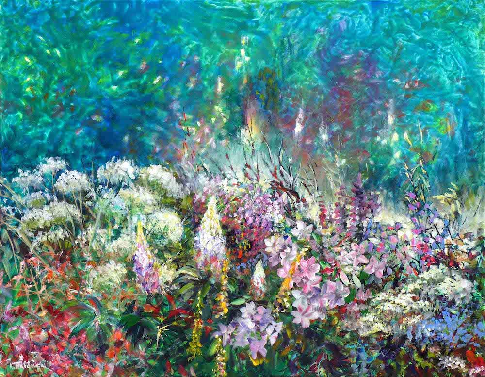 Summer Temple paintings of lupins and garden flowers 
acrylic on canvas 70 x 90cm