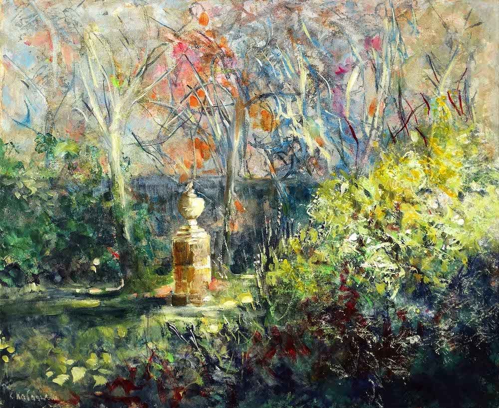 Nymans 2024 acrylic painting by Kasia Kaldowski, inspired by National Trust gardens, old urn at the park