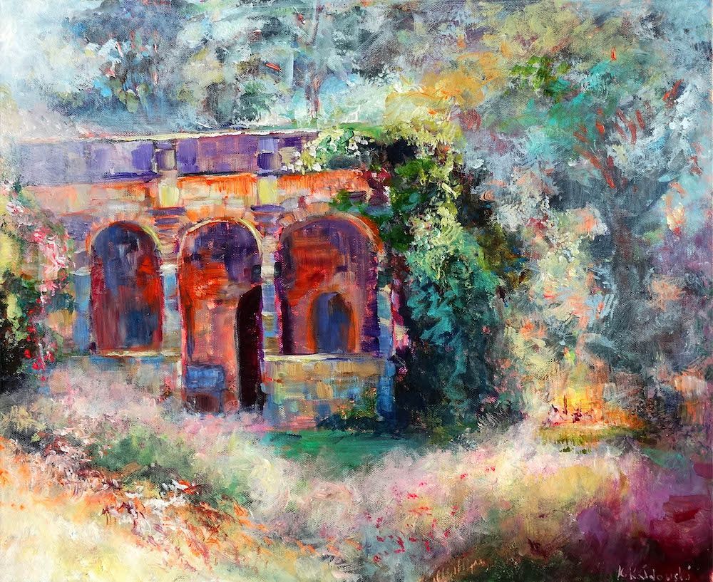 Nymans 2024 acrylic painting by Kasia Kaldowski, inspired by National Trust gardens, loggia at the park