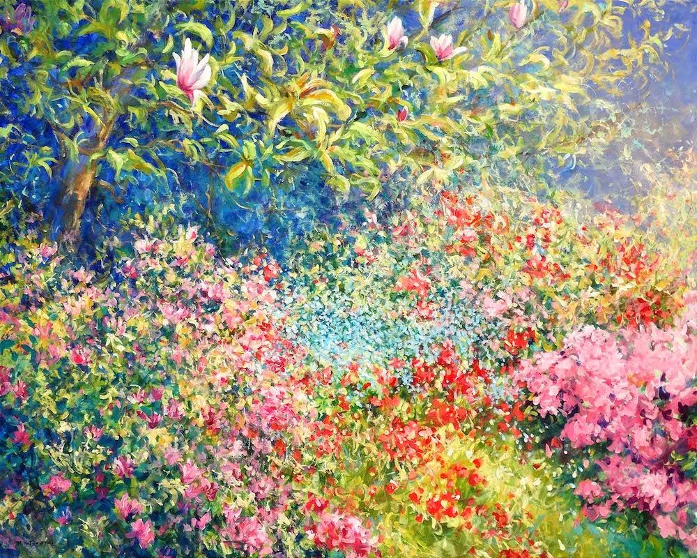 Nymans 2024 acrylic painting by Mariusz Kaldowski, inspired by National Trust gardens, spring garden at Nymans