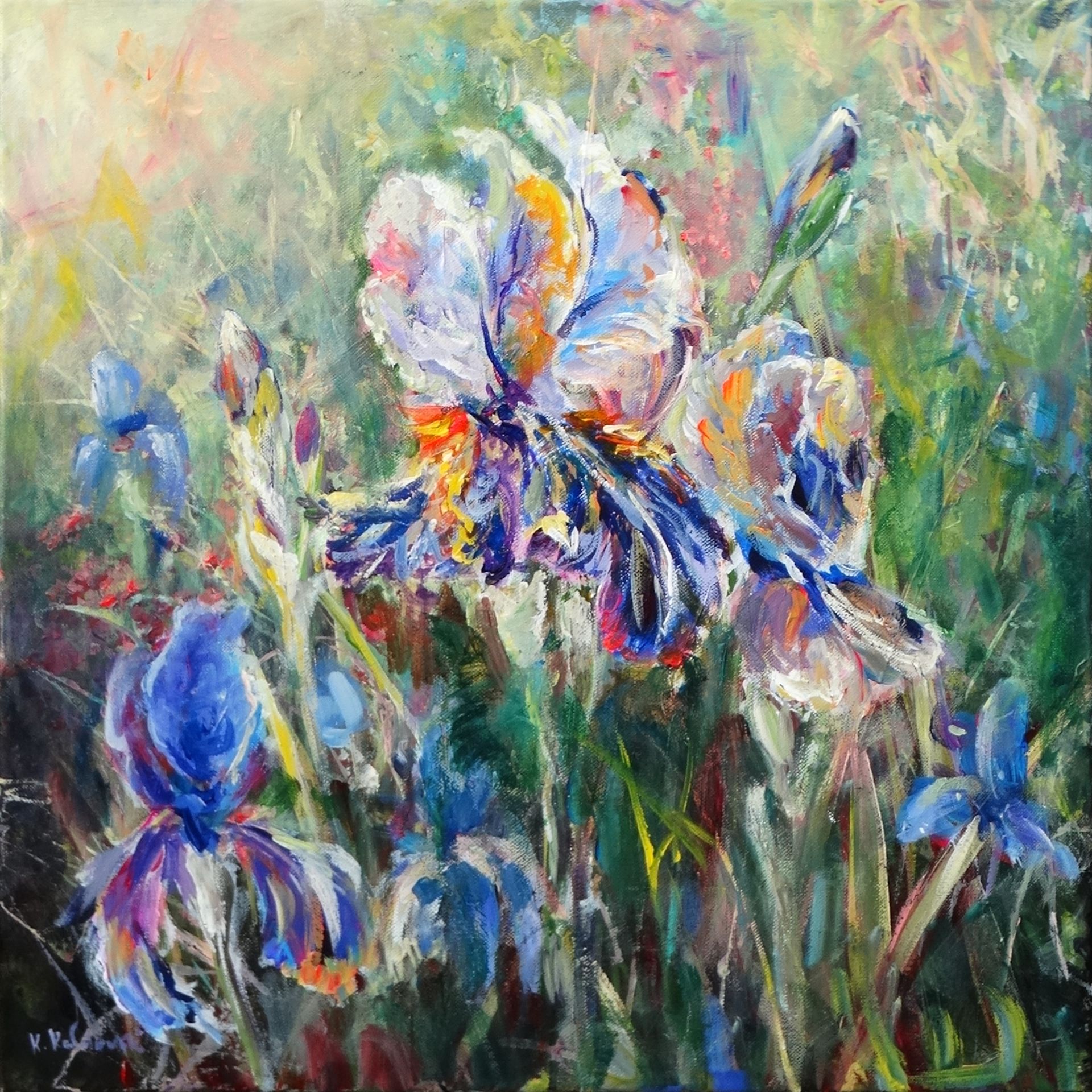 Irises,
acrylic on canvas 49.5 x 49.5cm