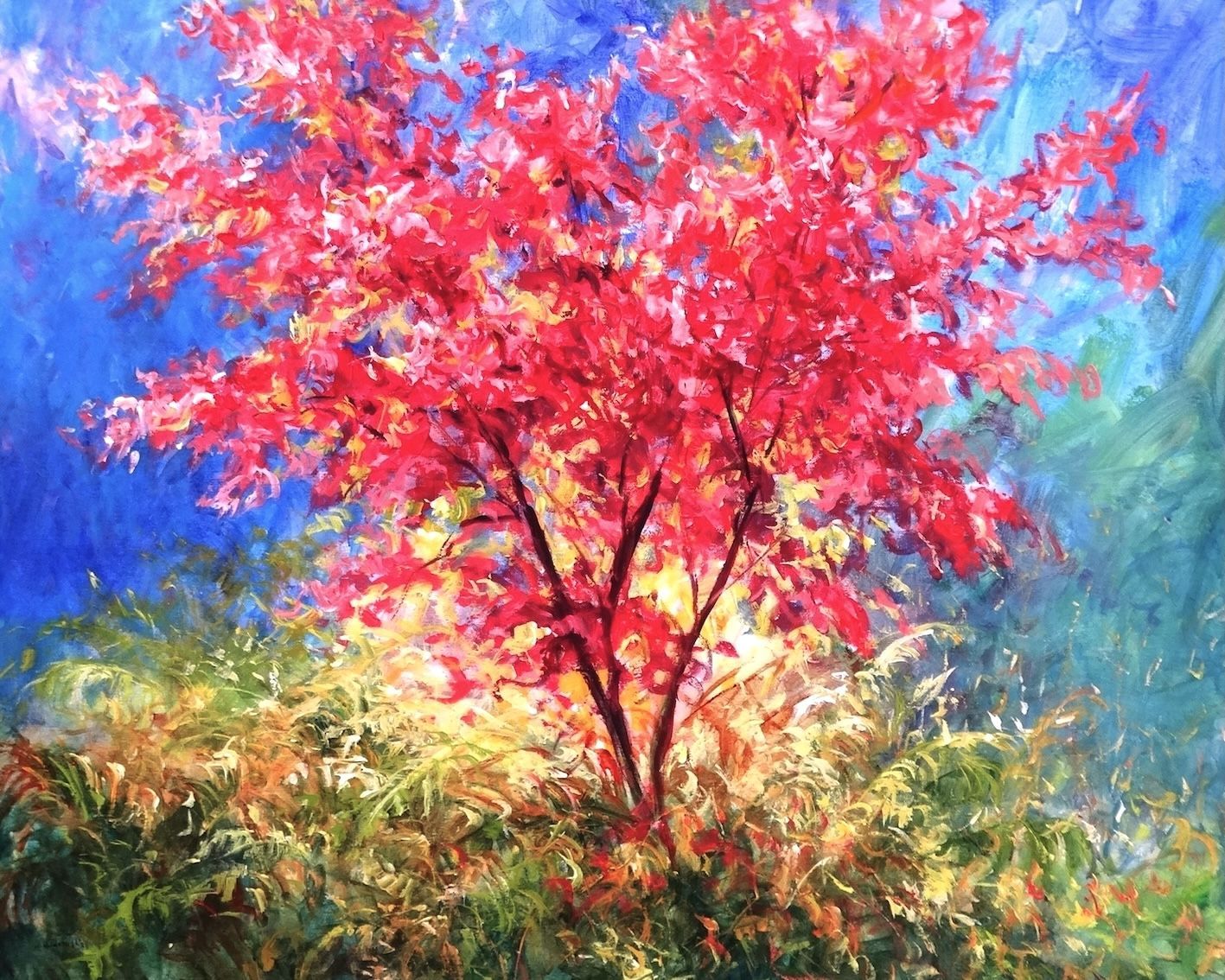 Painting by Mariusz Kaldowski – acrylic artwork of a lone tree in vivid crimson autumn colour