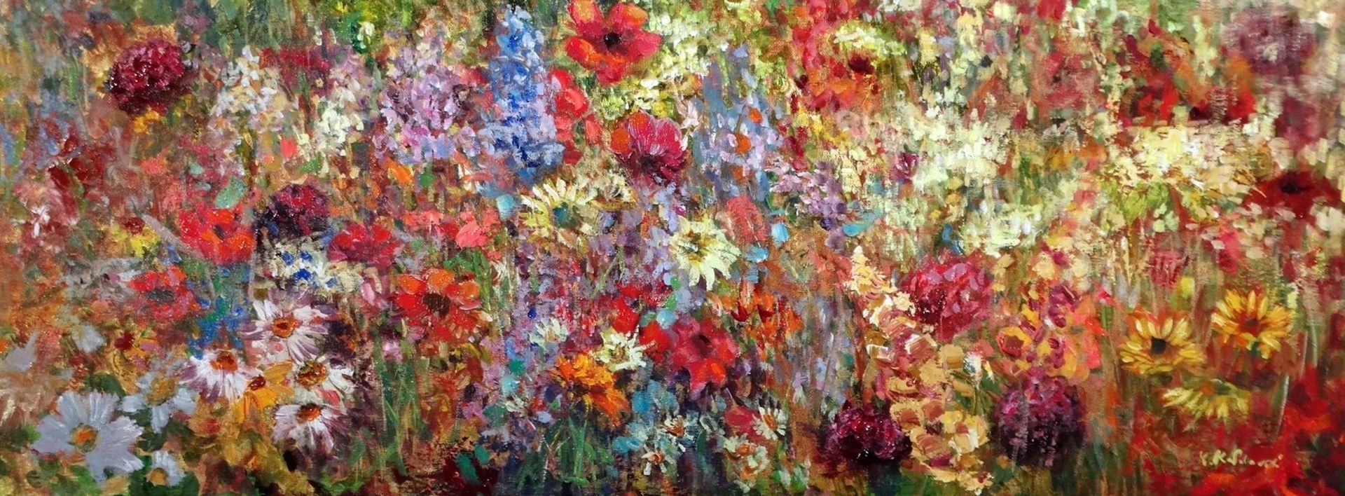 Meadow painting of flowers, 
oil on canvas 35 x 85cm