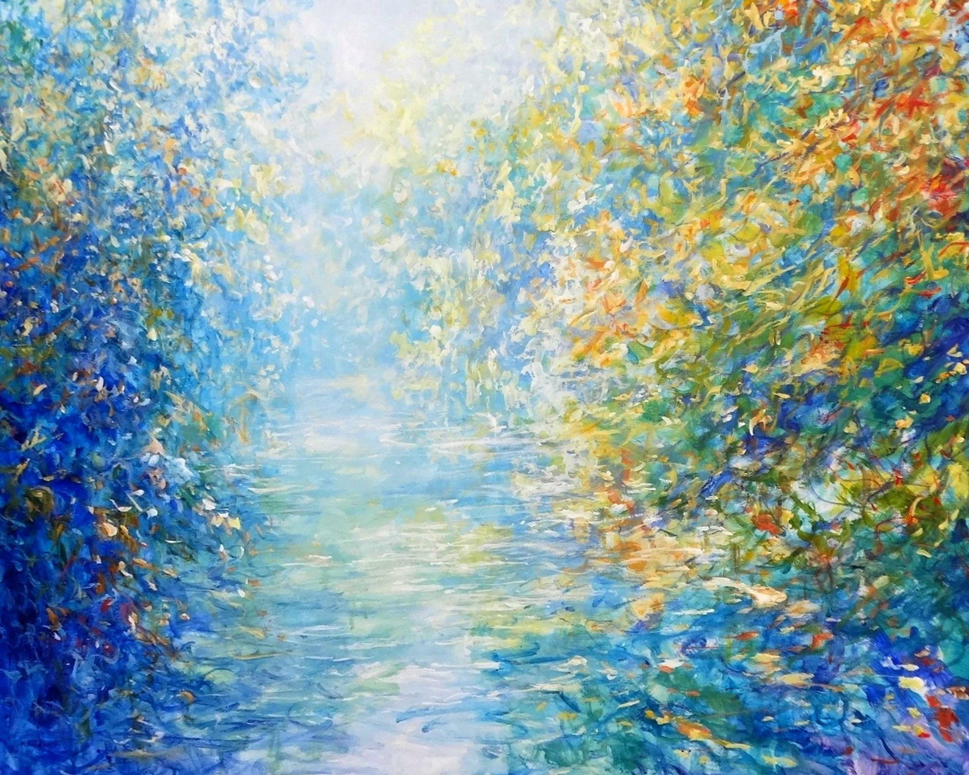 Painting by Mariusz Kaldowski – acrylic landscape artwork of a flowing river through forest greens