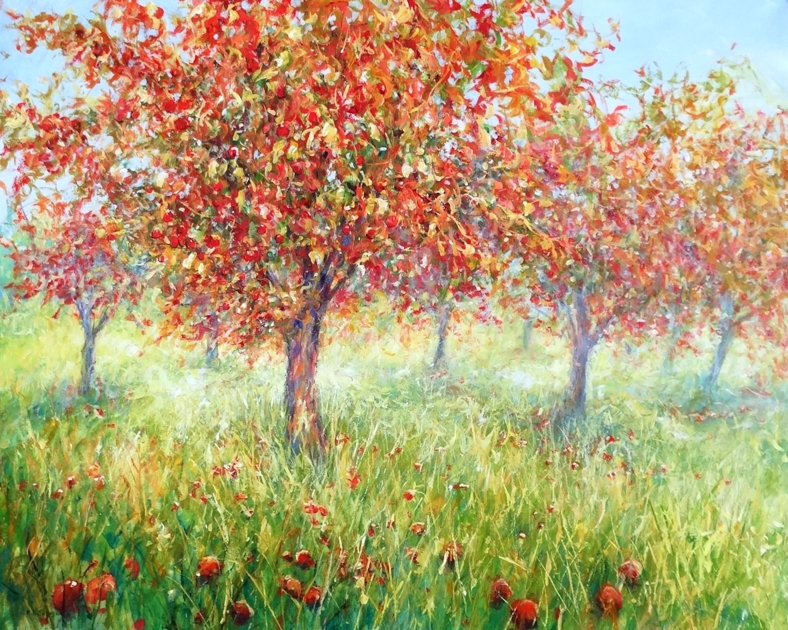 Painting by Mariusz Kaldowski – acrylic artwork of orchard trees glowing with red and orange leaves