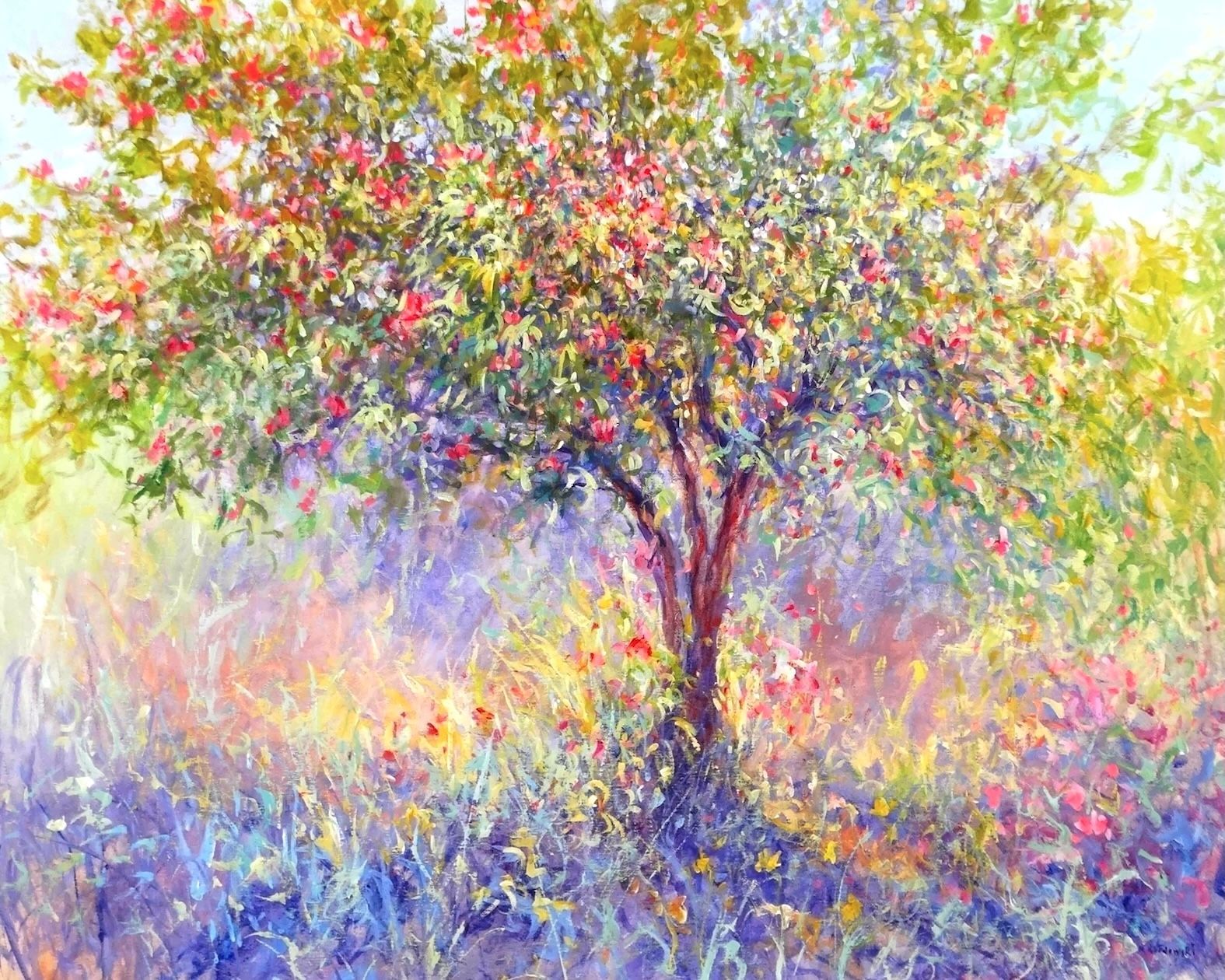 Radiant Camellia painting by Mariusz Kaldowski – acrylic floral artwork with camellia flowers in sunlight