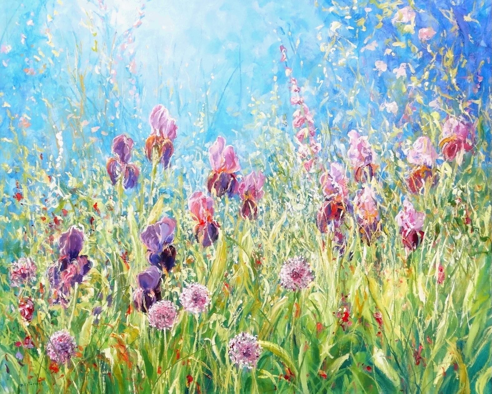 Painting by Mariusz Kaldowski – acrylic artwork of purple irises in a garden setting