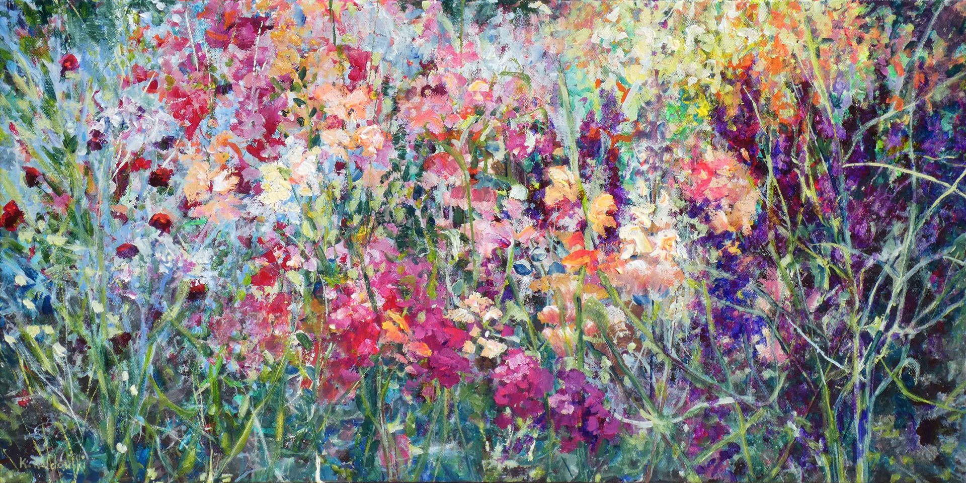 Embrace of Summer painting of summer flowers meadow,
acrylic on canvas 50 x 100cm