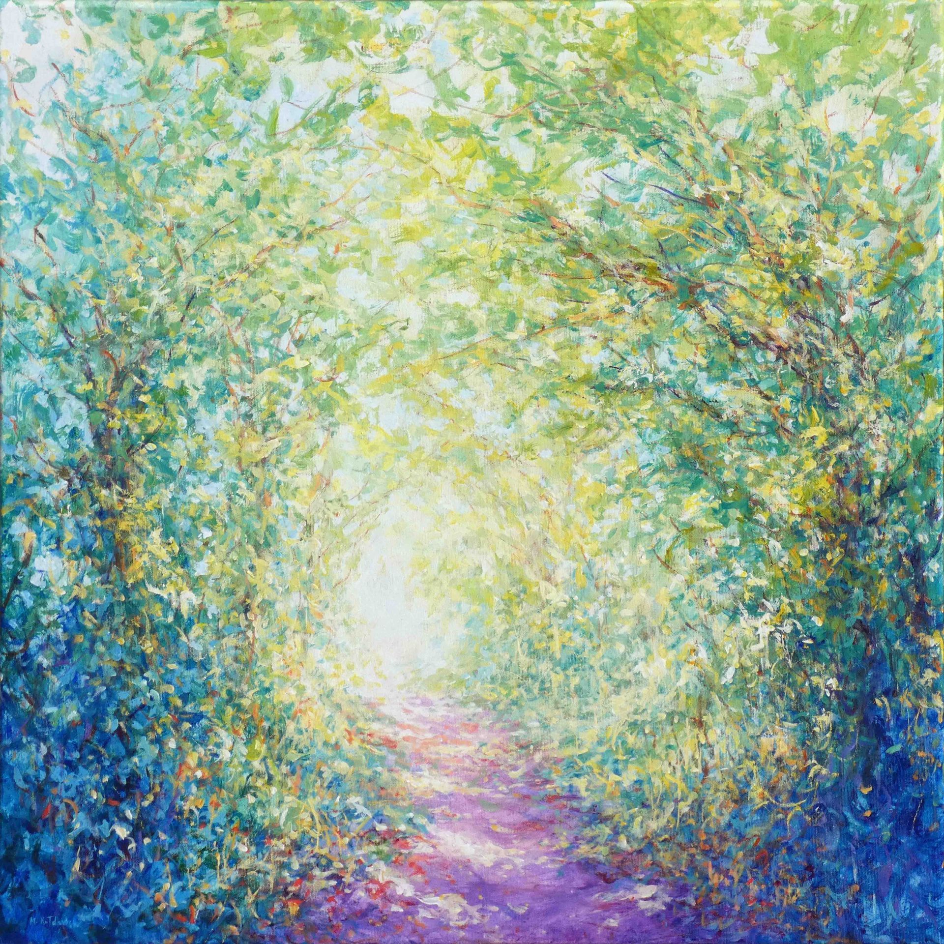 Hidden Path painting by Mariusz Kaldowski – acrylic woodland trail artwork with soft greenery