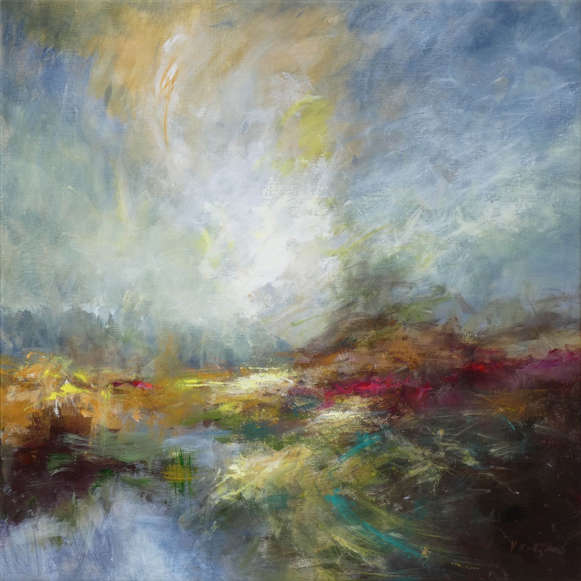 Storm & Serenity, acrylic on canvas 80x80cm, contrast of turbulent and calm skies