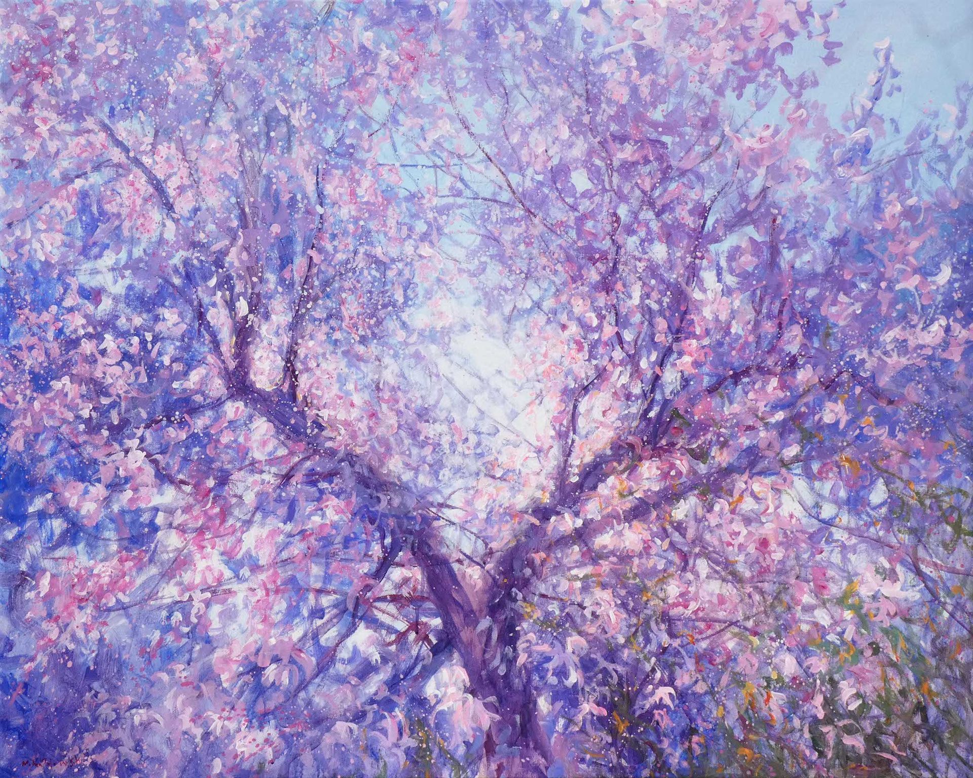 Blush Canopy by Mariusz Kaldowski – acrylic painting of pink blossom trees forming a canopy
