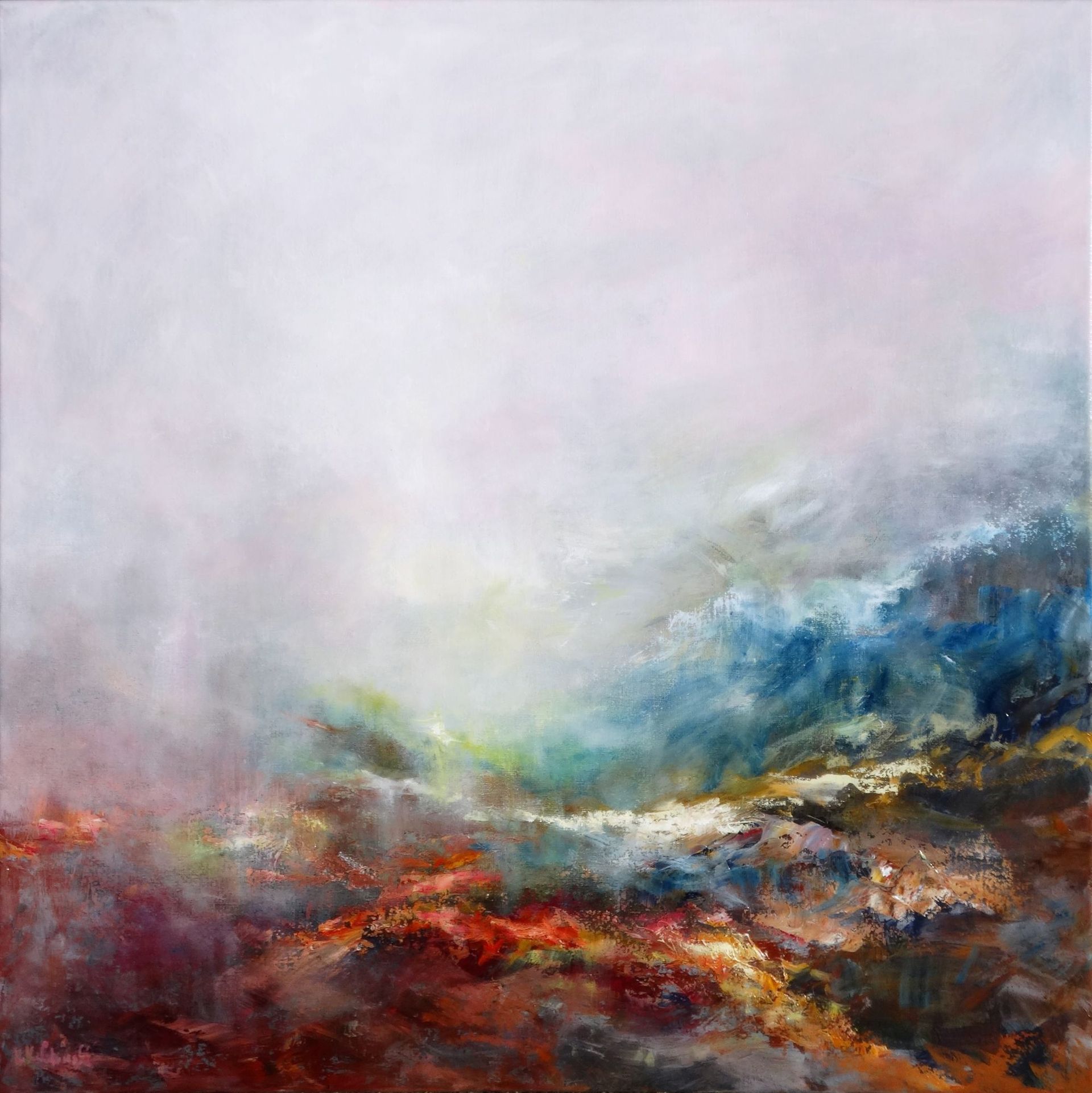 Oil painting by Kasia Kaldowski of
hills and mountains in morning mist
